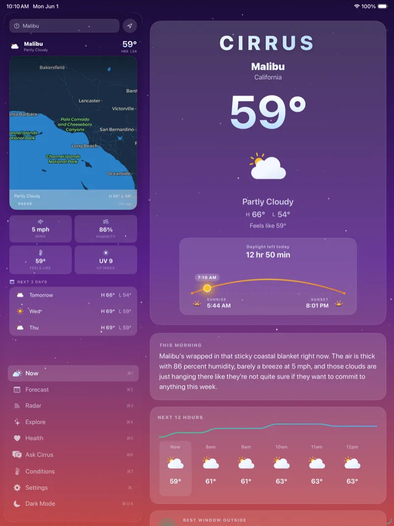 Cirrus Weather on iPad at twilight