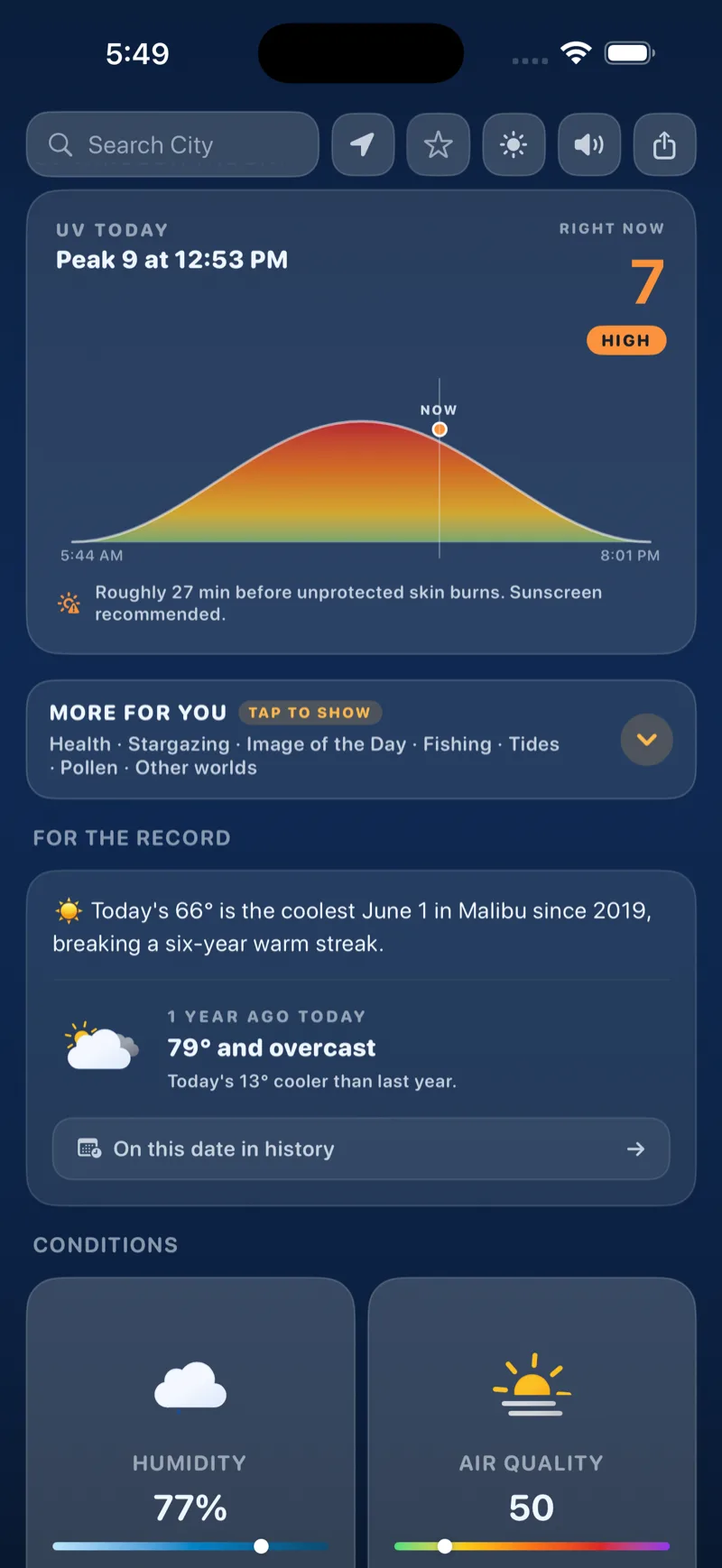 UV index, historical weather trivia and conditions