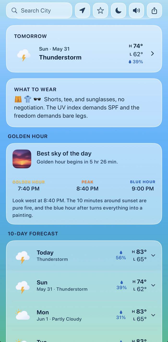 Ten-day forecast with What to Wear and golden hour