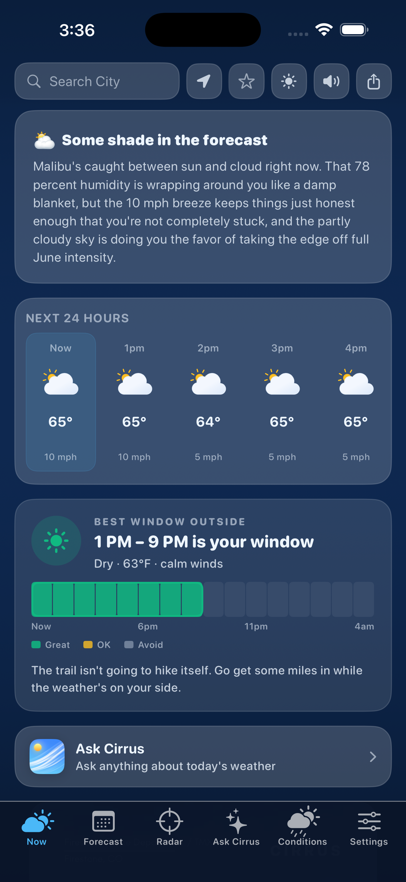 Cirrus Now screen with AI morning brief, hourly forecast, and best window outside