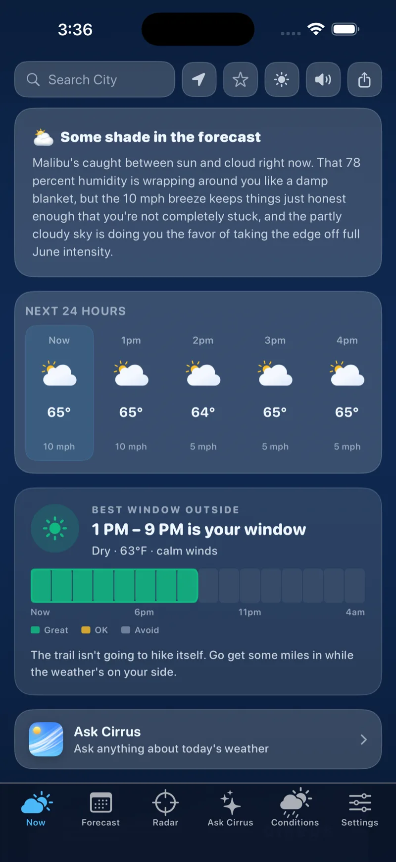 Cirrus Now screen with AI morning brief, hourly forecast, and best window outside