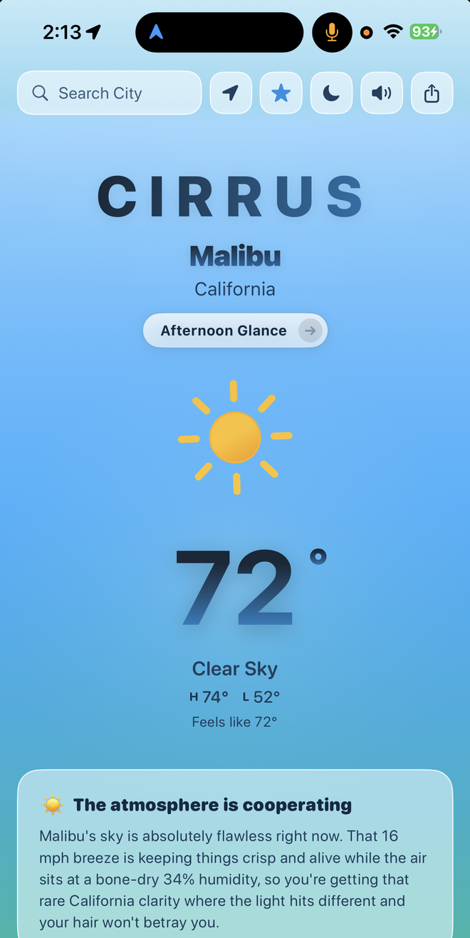 Cirrus Weather on iPhone showing the current forecast
