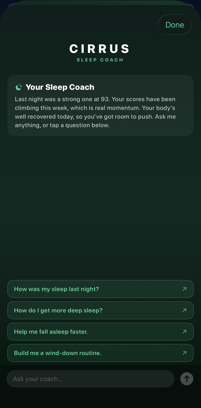 Cirrus Sleep Coach AI chat answering questions about your sleep