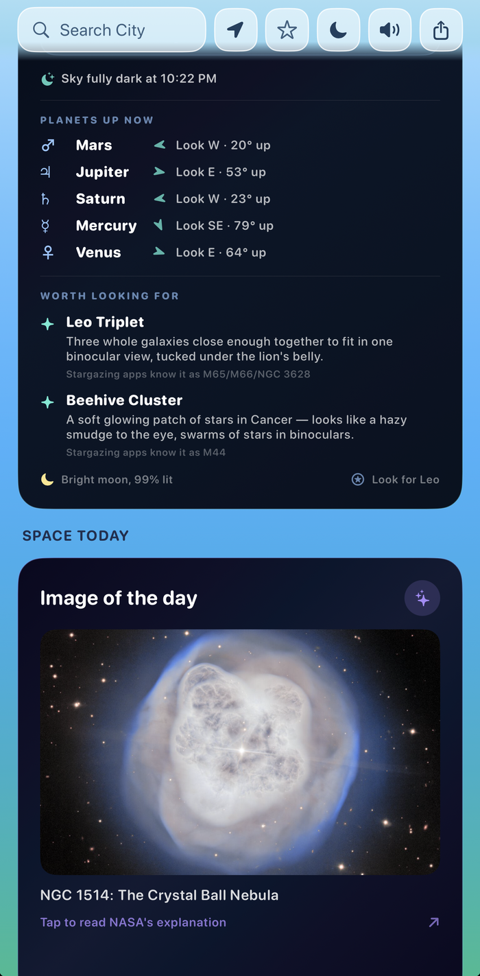 Live planet positions and Space Today