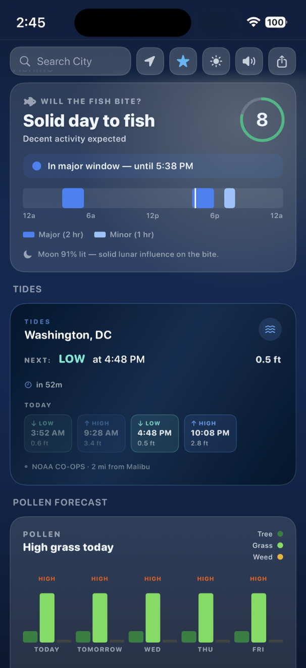 Will the Fish Bite forecast, tides, and pollen outlook